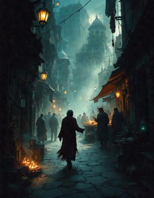 The primary subject of the image is a man walking down a narrow alleyway in a city. The setting is a dark, foggy street with a few other people walking around. The visual style appears to be a digital art or illustration, creating a moody atmosphere. The colors are predominantly dark, with some lighting from the street lamps, creating a sense of mystery and intrigue.
